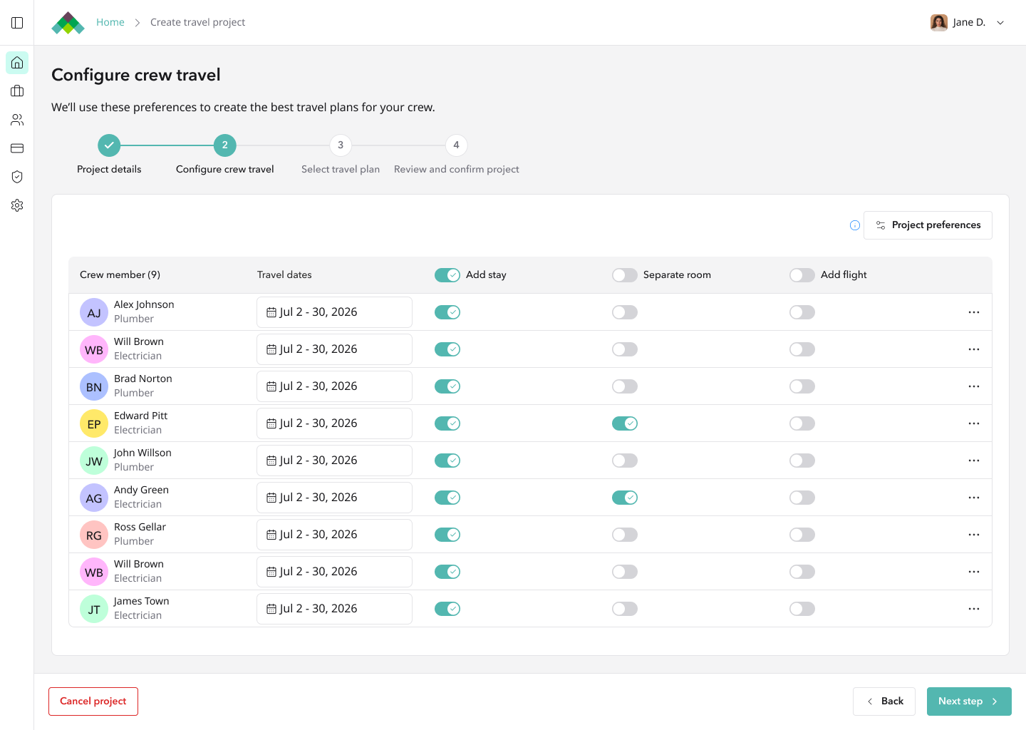Configure crew travel screen, showing per-crew-member stay, room, and flight toggles