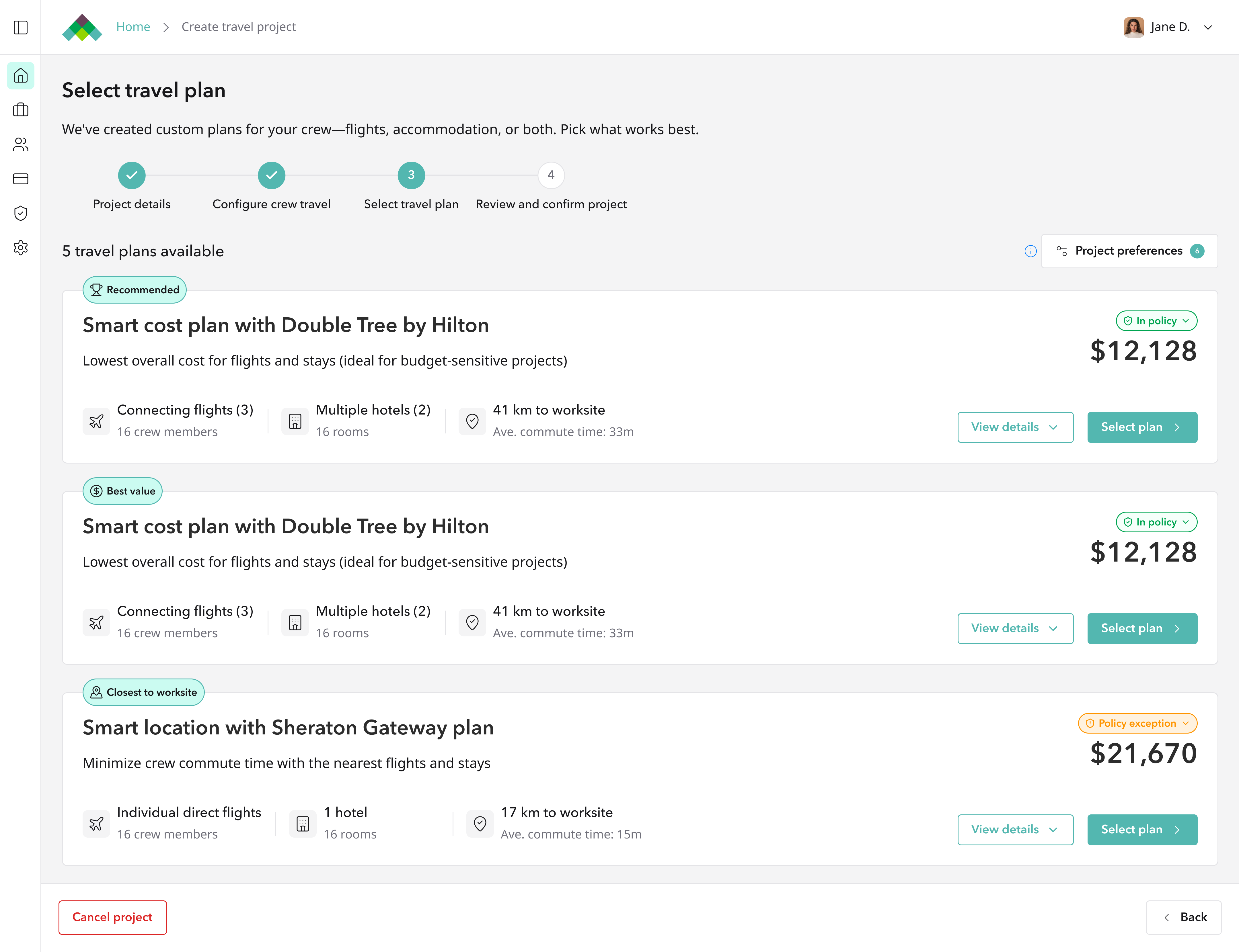 Select travel plan screen, comparing recommended and best value plans with pricing